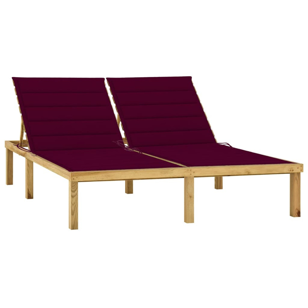 Chaise longue double et coussins bordeaux bois de pin imprégné bain de soleil