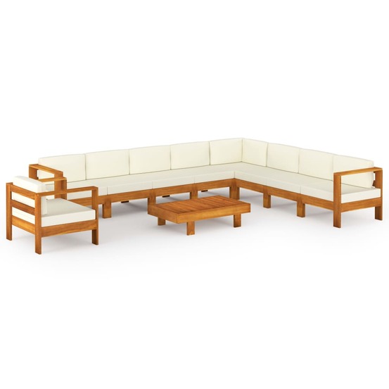 Salon de jardin meuble d'extérieur ensemble de mobilier 10 pièces avec coussins blanc crème bois d'acacia