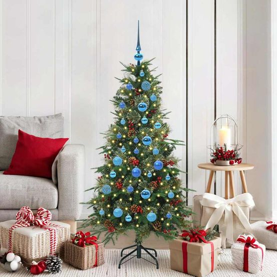 Kit sapin de noël 1.5m tout inclus, avec 61 boules, baies, cimier et guirlande led blanc chaud