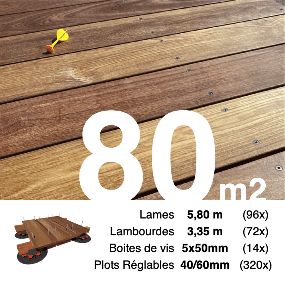 Kit complet terrasse bois exotique cumaru pour 80 m², lames 5,8 m, lambourdes 3,35 m, plots réglables et visserie inox.