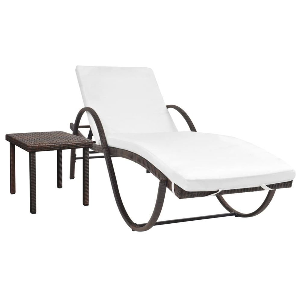 Chaise longue avec coussin et table résine tressée marron bain de soleil