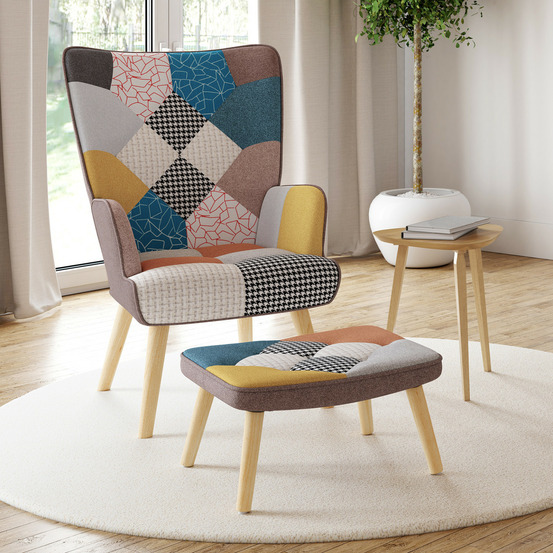 Fauteuil scandinave ivar avec repose pieds en tissu patchwork multicouleurs