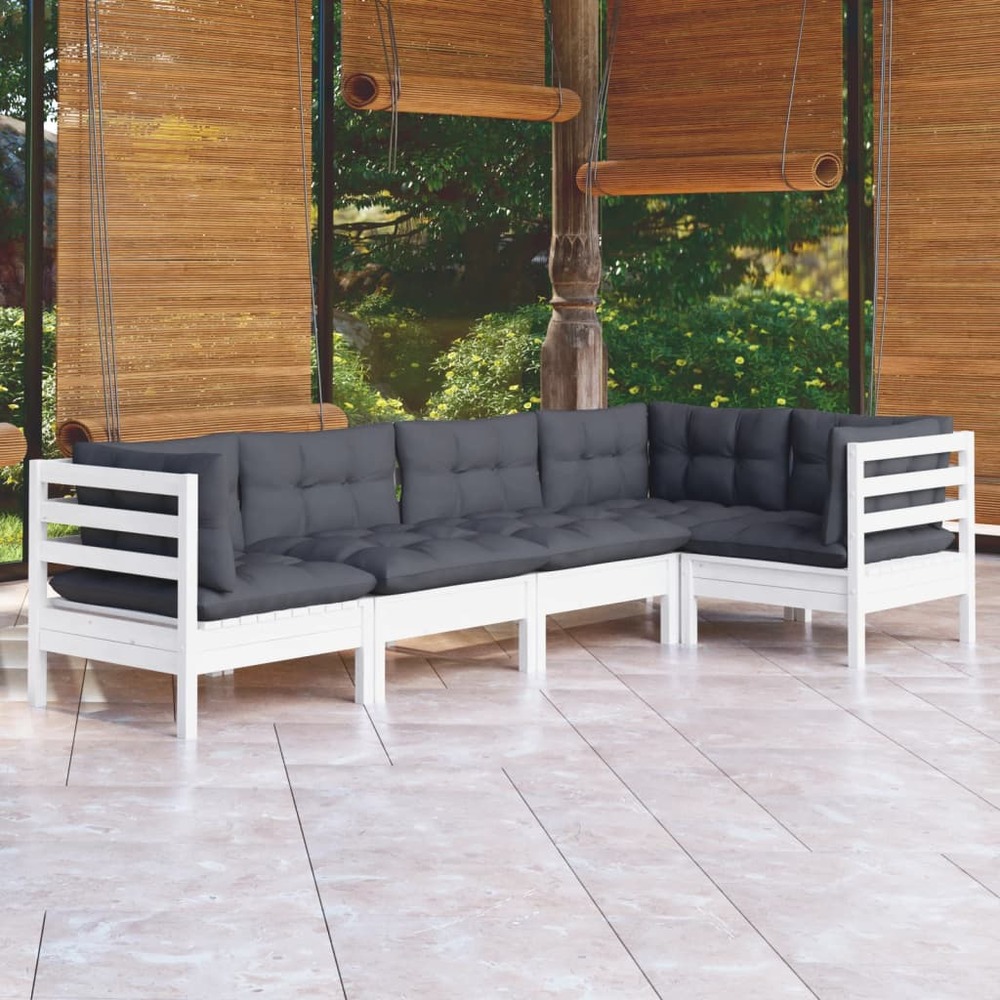 Salon de jardin 5 pcs avec coussins blanc bois de pin