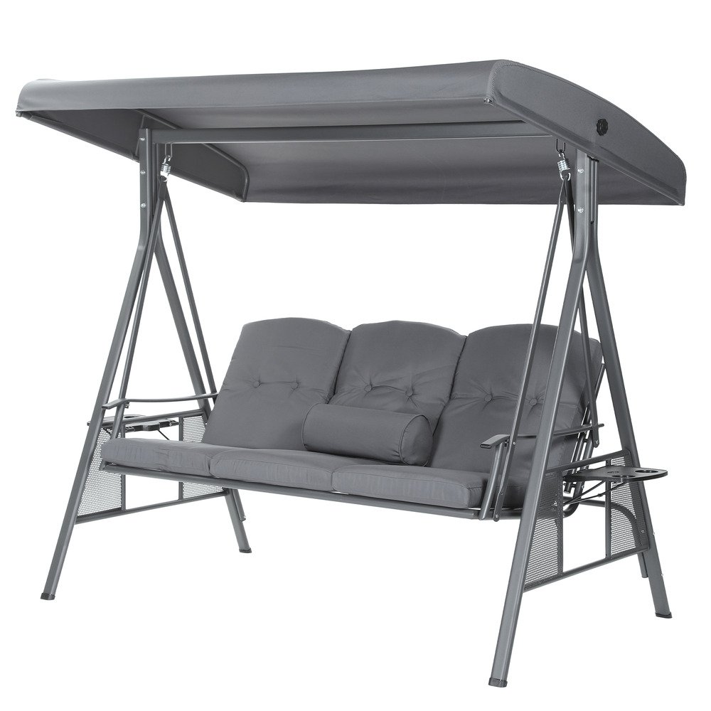 Home deluxe - balancelle descanso gris - 3 places, l/h/l 115 cm x 195 cm x 198 cm, avec porte-boissons, coussins d'assise et de