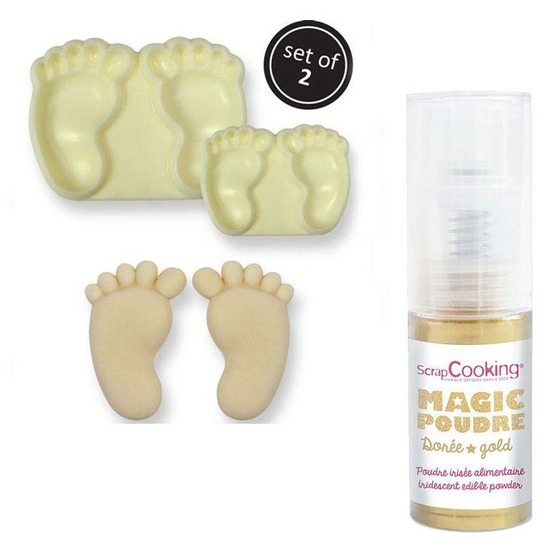 Moules à gâteaux 2 pieds de bébé + 1 poudre alimentaire irisée dorée