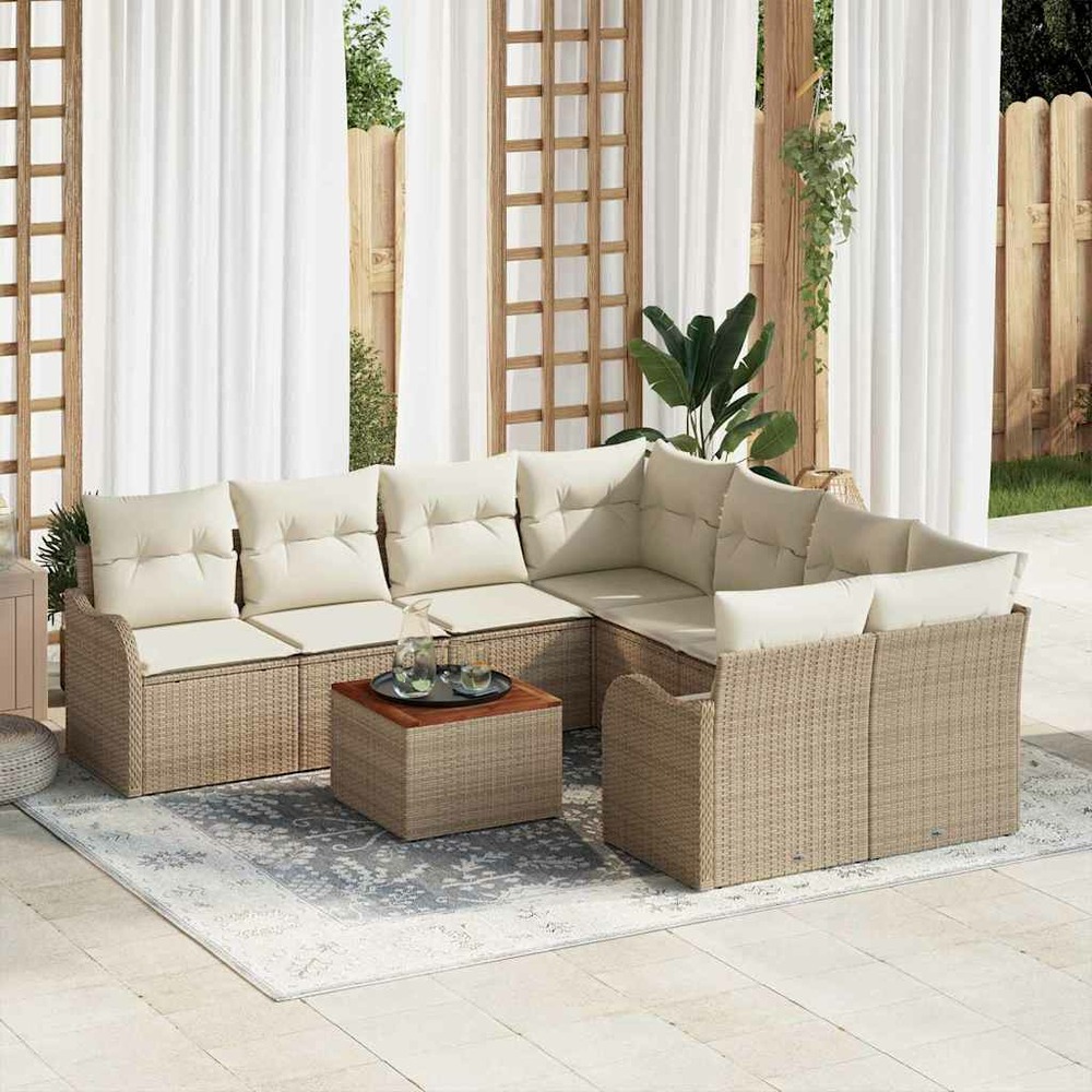 Ensemble de canapé de jardin avec coussin 9 pcs beige polyrotin
