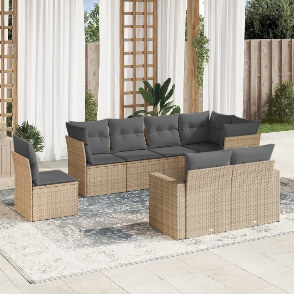 Salon de jardin avec coussins 8 pcs beige résine tressée