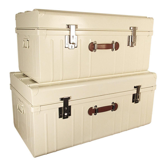 Malle métallique blanc perle avec poignée polyuréthane lot de 2