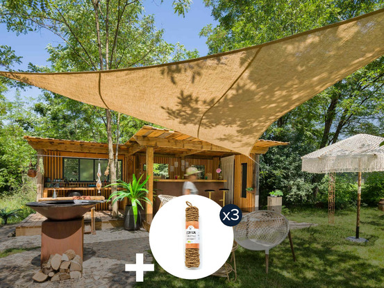 Voile d'ombrage naturelle jute triangulaire 5 m + 3 cordes fibre de coco 12 m