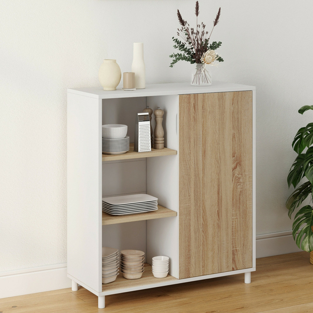 Buffet d'appoint 70 cm easy montage facile sans outils 3 étagères et 1 porte coulissante réversible blanc et bois