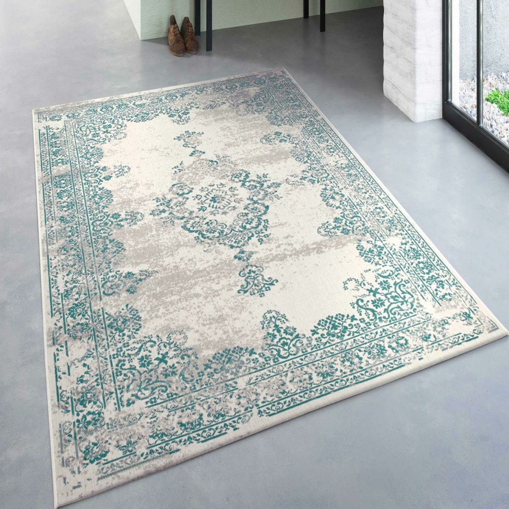 Tapis chambre 160x230 tissé crème et bleu rectangle motif oriental lumin 2