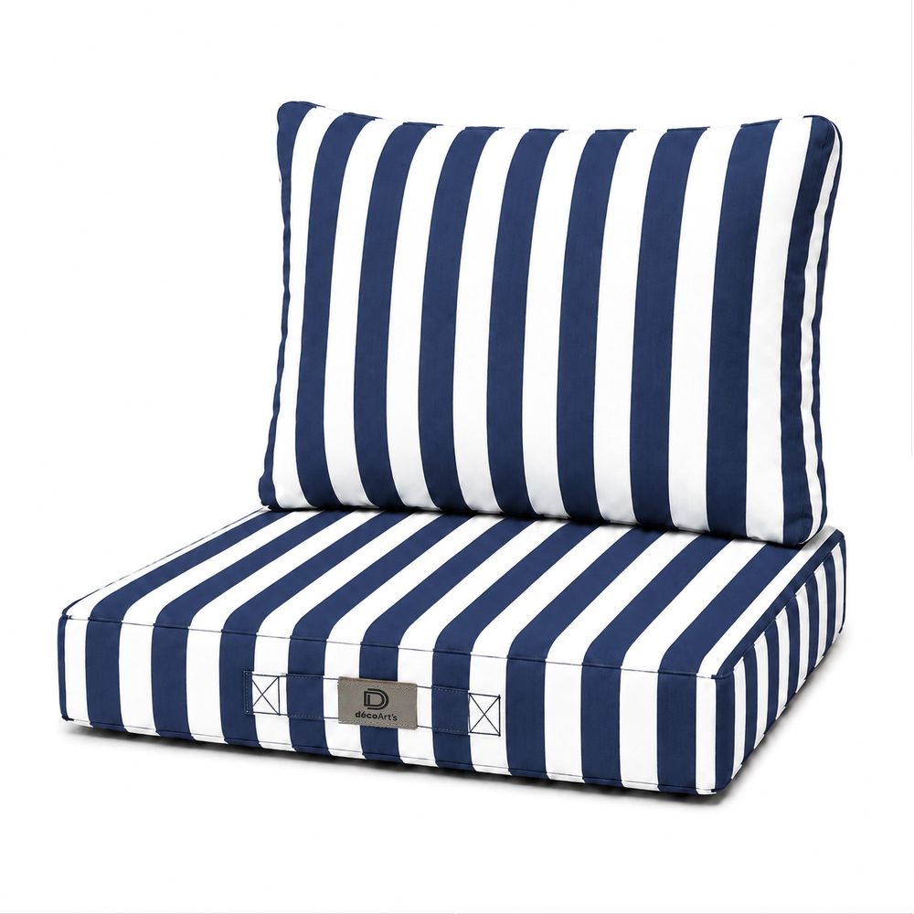 Coussins chaise jardin assise + dossier 40x40cm rayure bleu marine