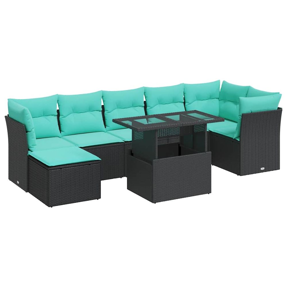 Salon de jardin avec coussins 8 pcs noir résine tressée acacia