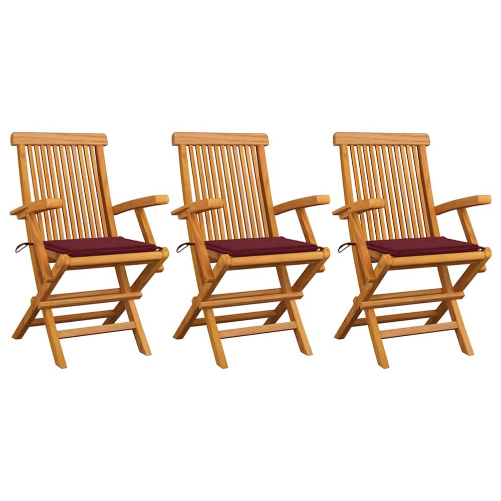 Chaises pliantes avec coussins rouge vin, 3 pièces, en teck massif