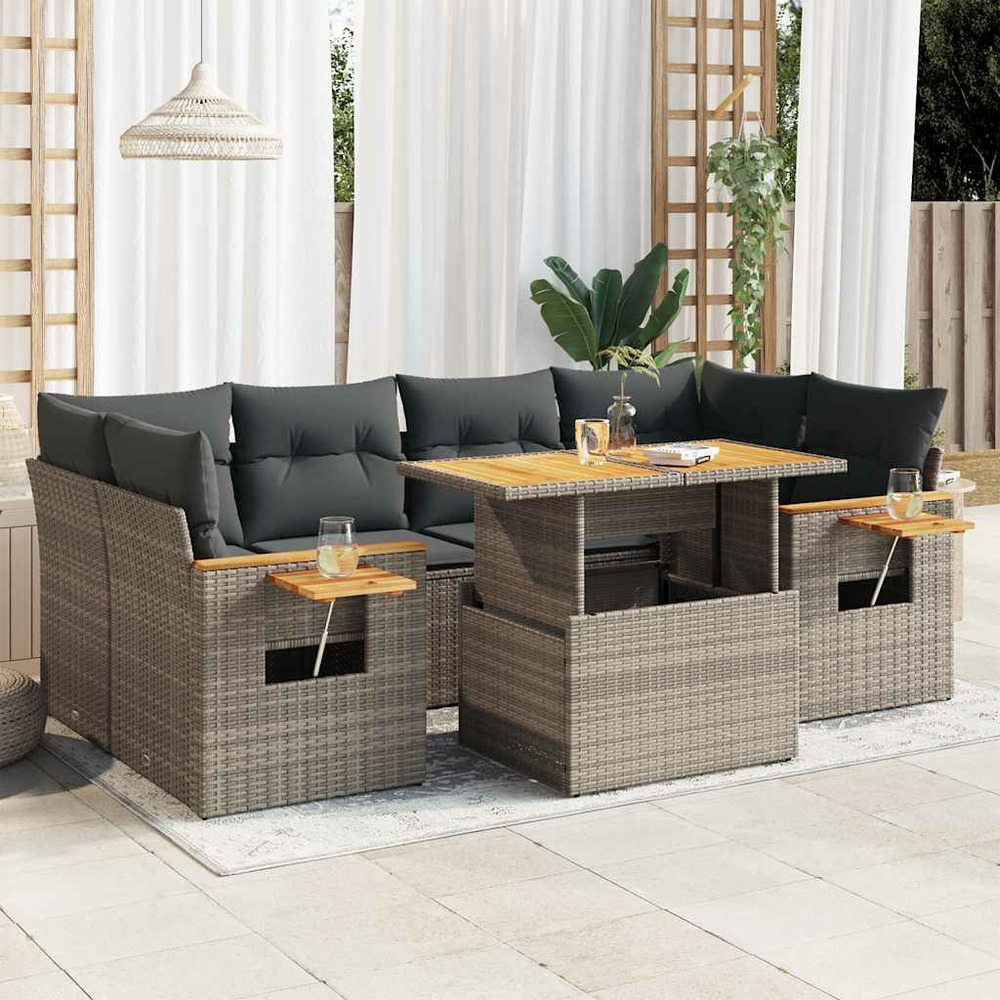 Salon de jardin avec coussins 7 pcs gris résine tressée acacia