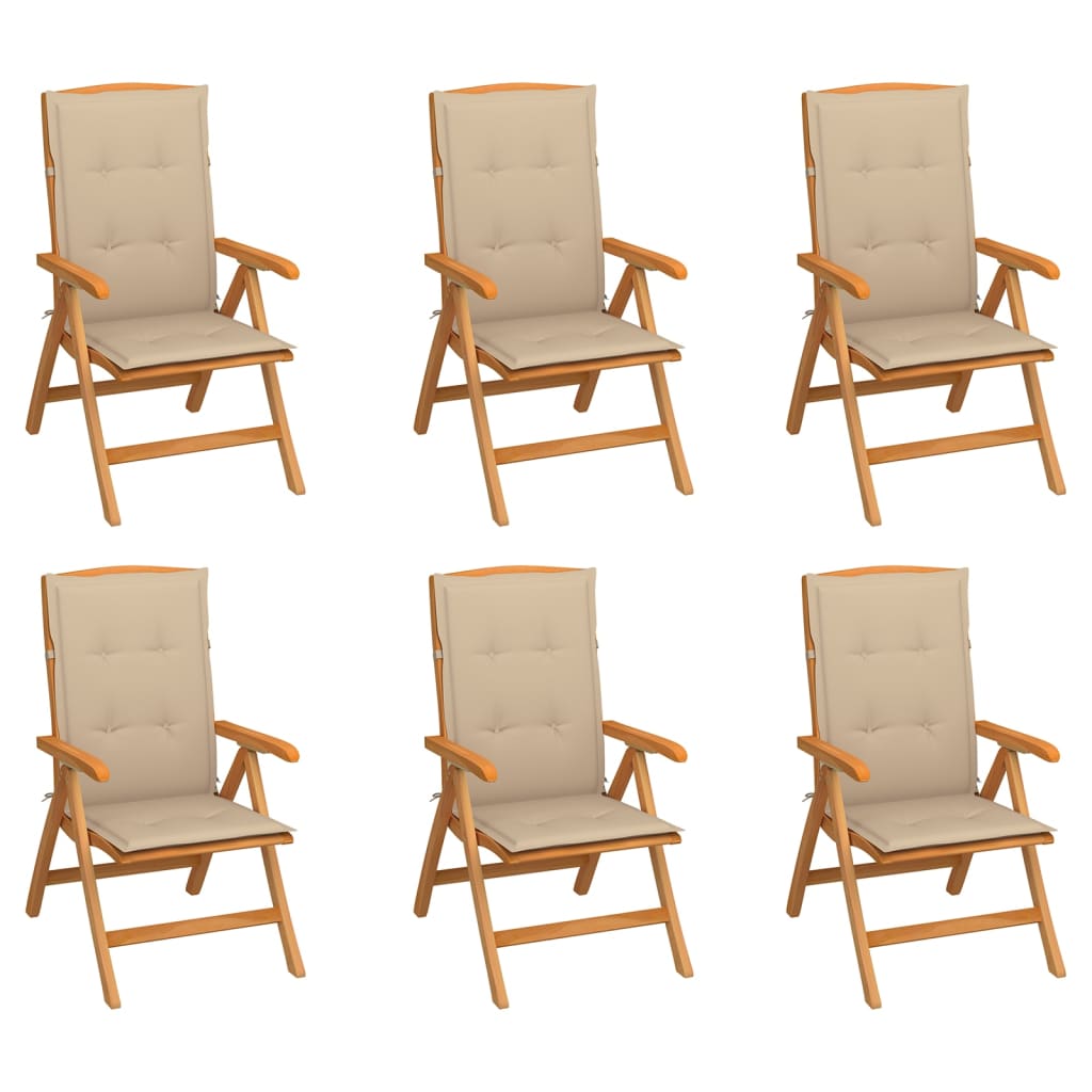 Chaises inclinables de jardin avec coussins 6 pcs teck solide