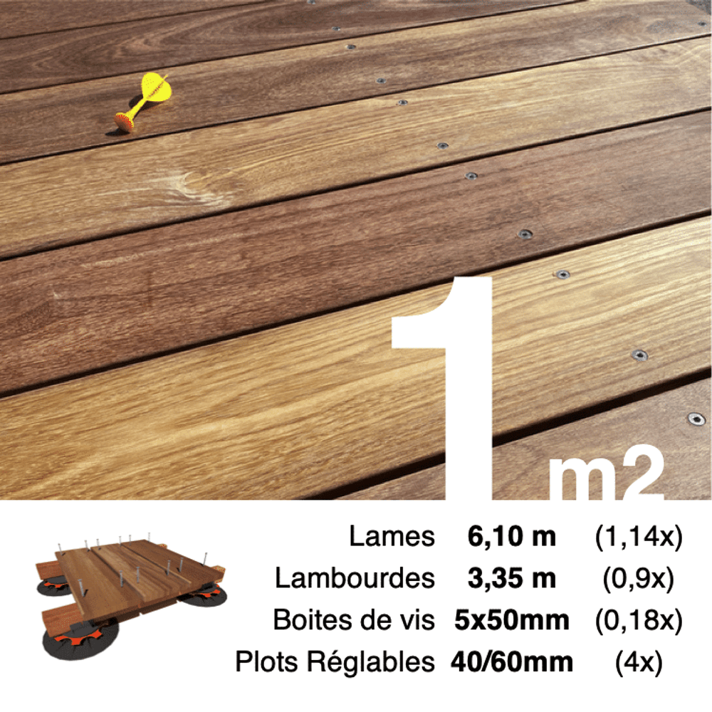 Kit complet terrasse bois exotique cumaru pour 1 m², lames 6,1 m, lambourdes 3,35 m, plots réglables et visserie inox.