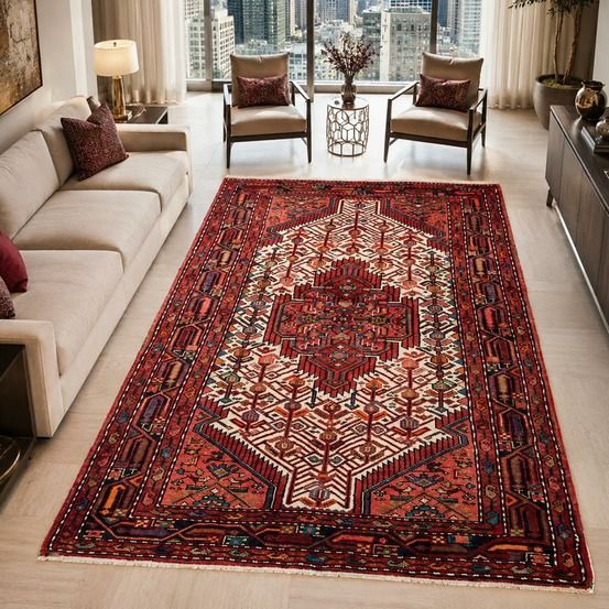 Tapis d'orient, 111 x 175 cm, rouge, bordeaux et crème, artisanal, hamadan 24