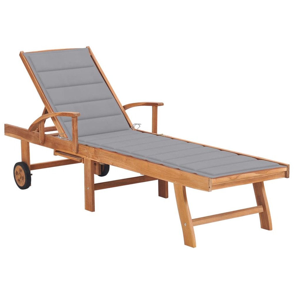 Chaise longue avec coussin gris bois de teck solide bain de soleil