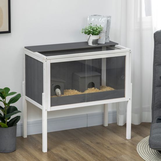 Cage hamster bois sapin rongeur avec étagère rangement 2 niches 82cm gris - comfortxl pet living