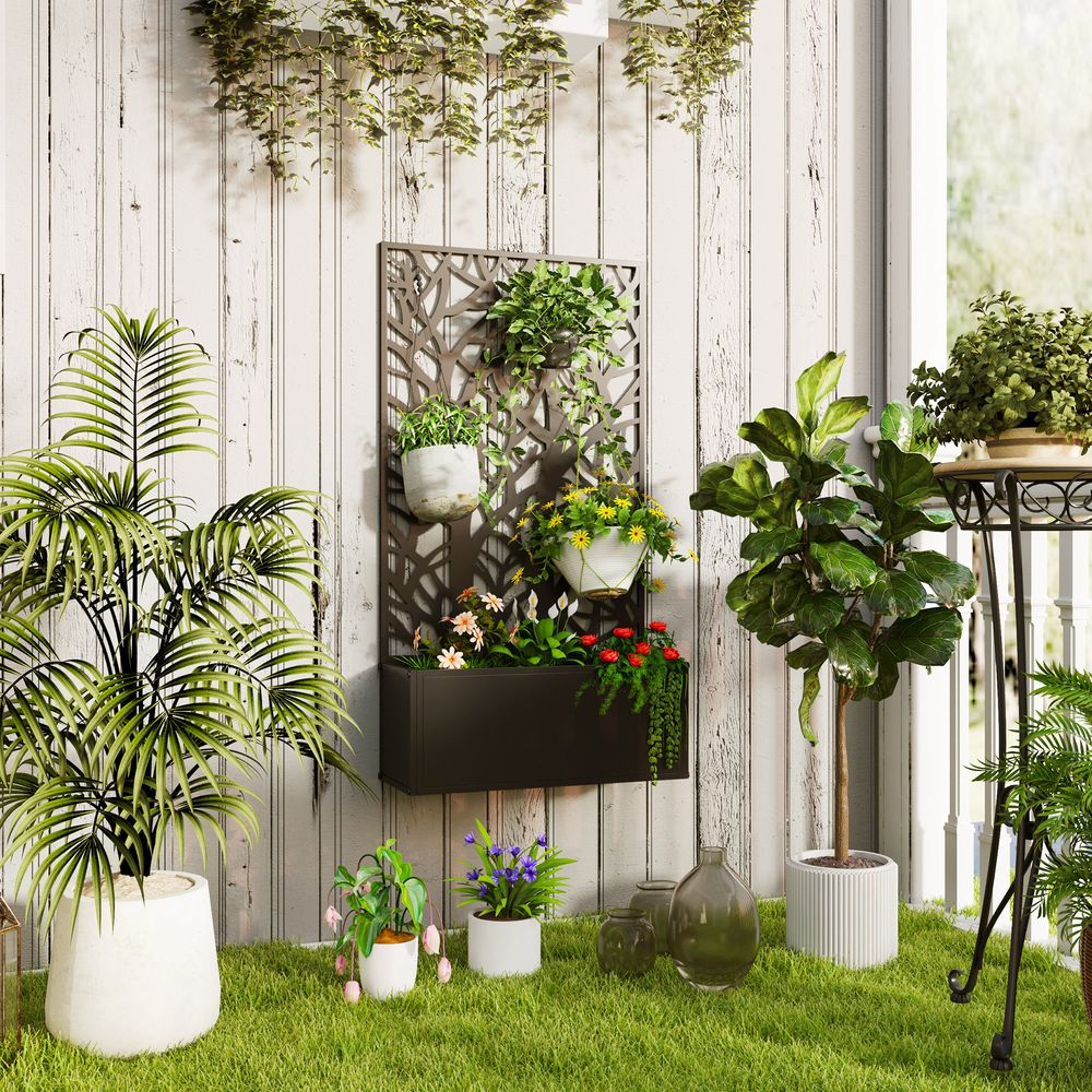 Jardinière avec panneau brise-vue en métal décor branches à poser ou murale 61x23x113 cm noir