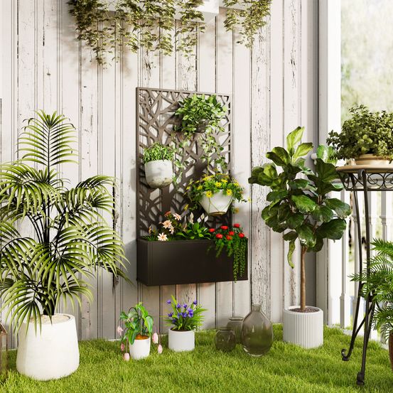 Jardinière avec panneau brise-vue en métal décor branches à poser ou murale 61x23x113 cm noir