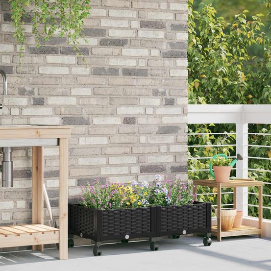 Jardinière basse en polypropylène pour balcon avec drainage et roulettes 80cm noir