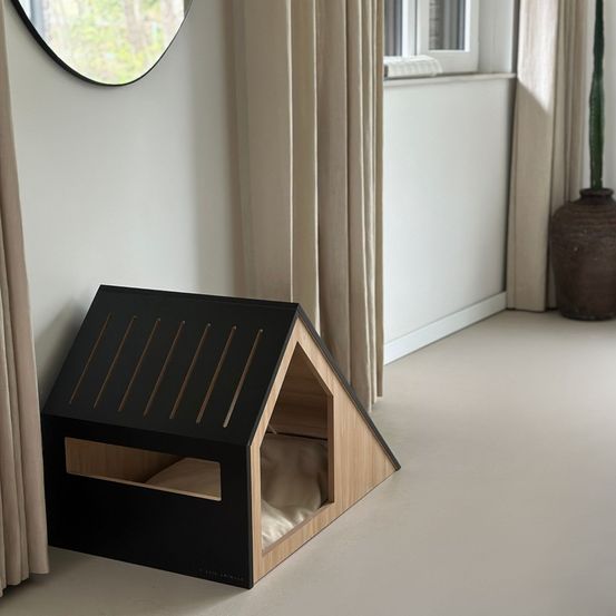 Villa - maison design pour chat / petit chien en bois noir asymétrique et coussin amovible, 75x50x53cm