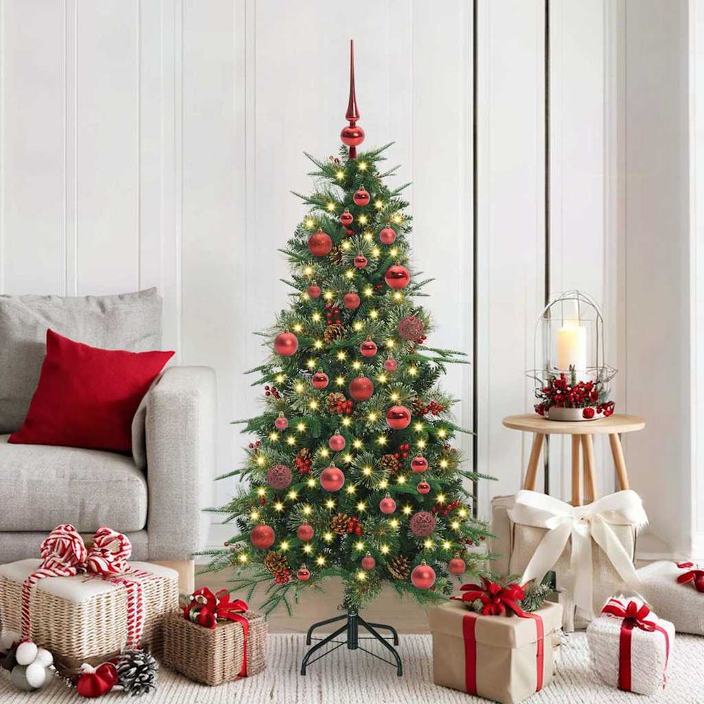 Sapin de noël artificiel 1m50 avec guirlande led 30m, kit décoration complet pommes de pin et boules