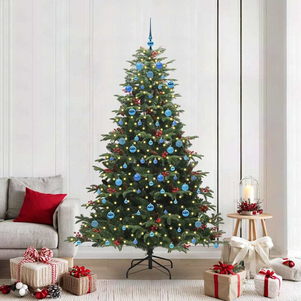Arbre de noël artificiel 2,1m très fourni, avec 120 boules et guirlande led blanc chaud
