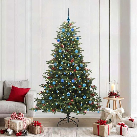 Arbre de noël artificiel 2,1m très fourni, avec 120 boules et guirlande led blanc chaud