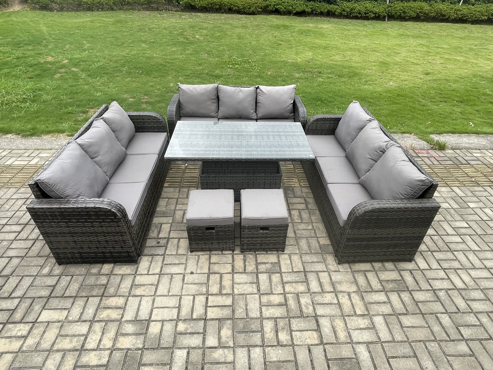 Mobilier à dîner de jardin ave table à manger réglable en hauteur 3 canapé 2 tabourets mélange gris foncé