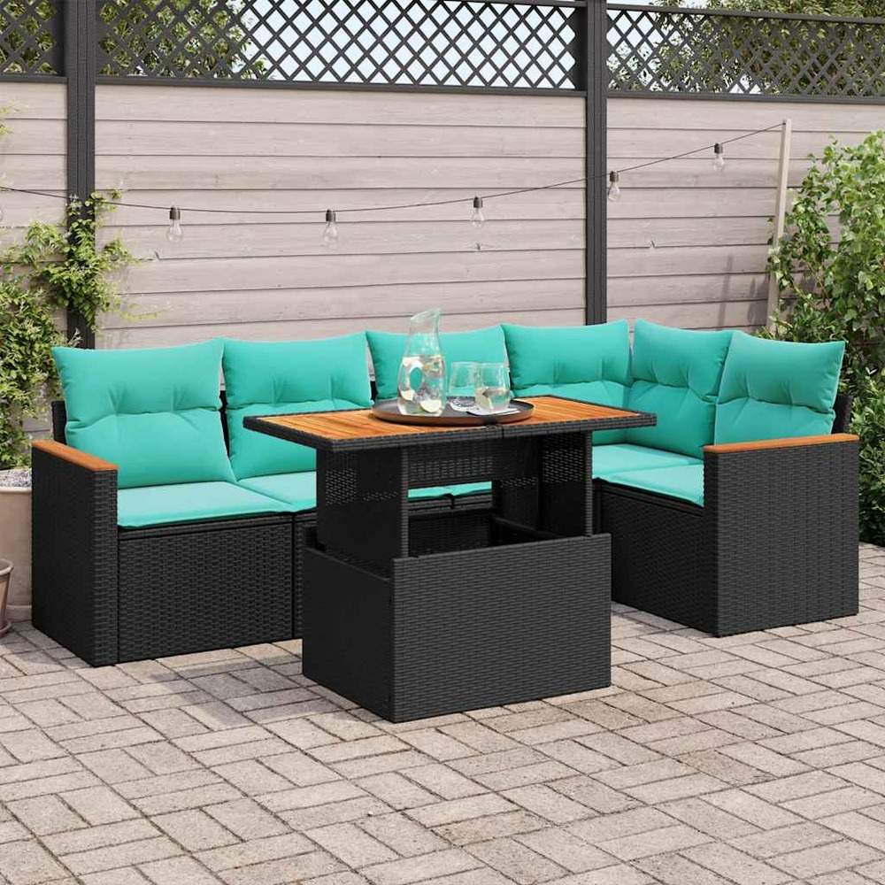 Salon de jardin 6 pcs avec coussins noir résine tressée