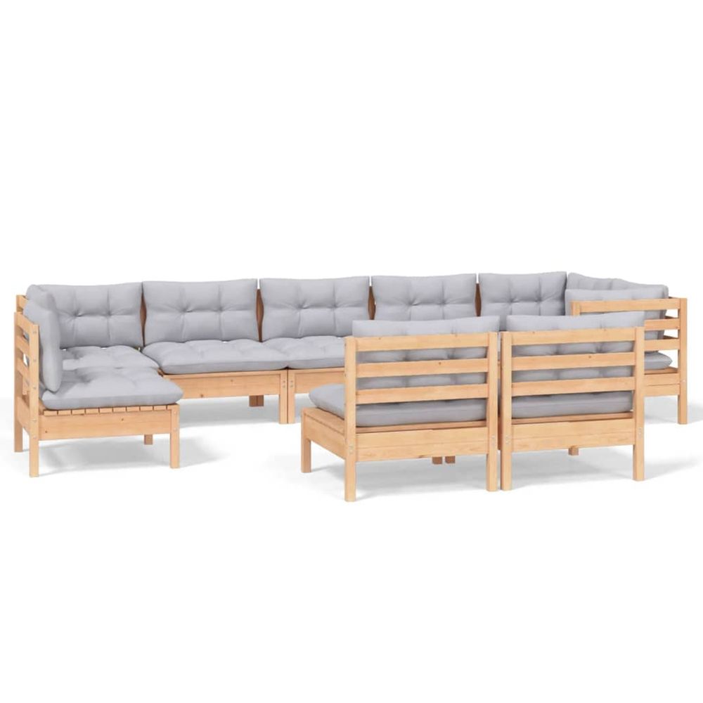 Salon de jardin 9 pcs avec coussins gris bois de pin massif