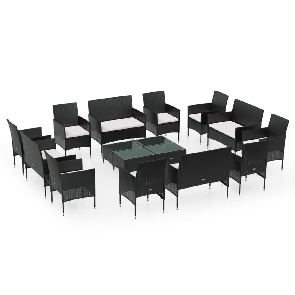Salon de jardin 16 pcs avec coussins résine tressée noir