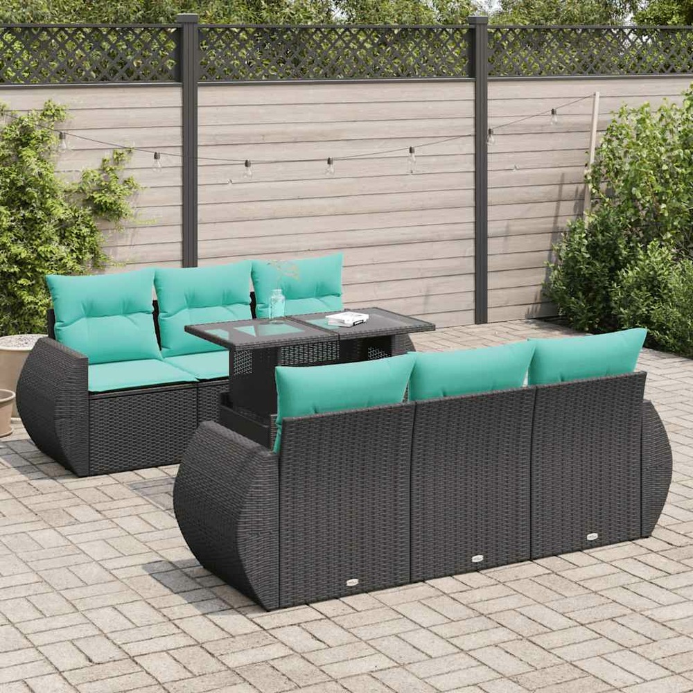 Salon de jardin avec coussins 7 pcs noir résine tressée acacia