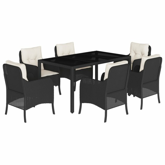 Ensemble à manger de jardin coussins 7pcs noir résine tressée