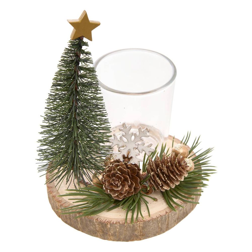 Photophore de noël sapin et pomme de pin en verre d. 10 x h. 12 cm