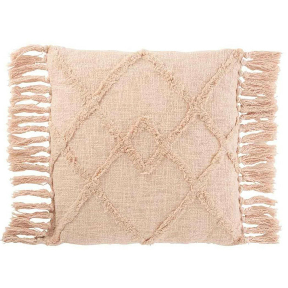 Coussin déco franges losange 50x50cm rose