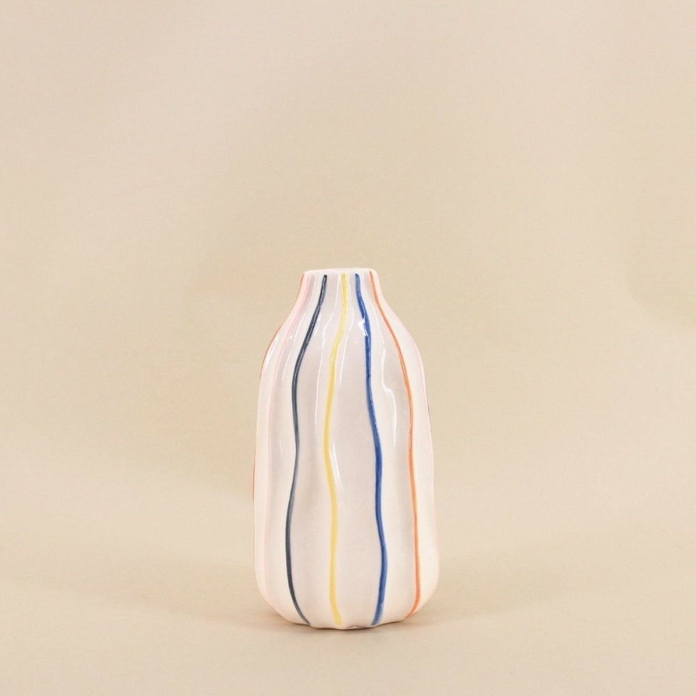 Vase en céramique blanches lignes colorées 17cm