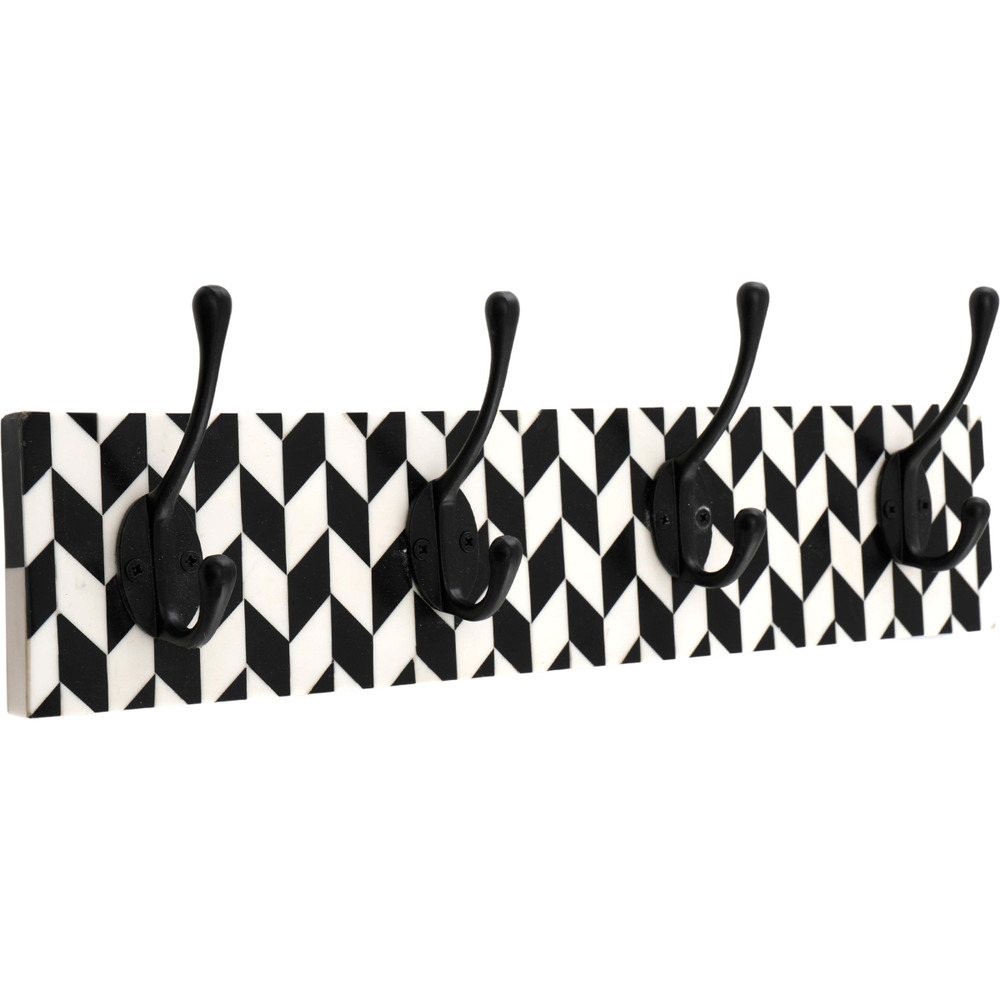 Patère en bois et métal 4 crochets damier