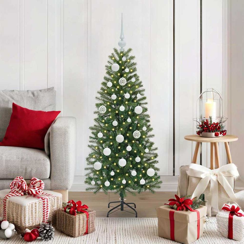 Sapin vert réaliste 120cm avec guirlande led et set de 61 décorations inclus