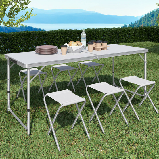 Table de camping pliante réglable en hauteur 160 cm et 6 tabourets blancs