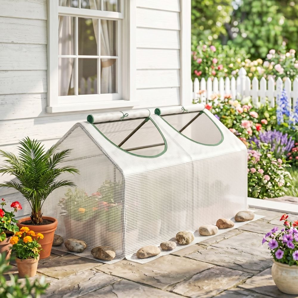Mini serre de jardin pe 140 g/m² 120 x 60 x 60 cm blanc balcon 2 fenêtres enroulables - comfortxl outdoor living
