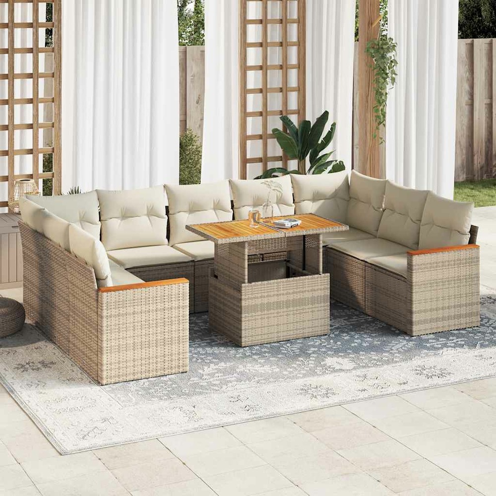 Salon de jardin avec coussins 10pcs beige résine tressée acacia