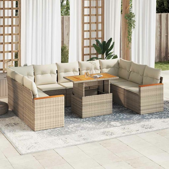 Salon de jardin avec coussins 10pcs beige résine tressée acacia