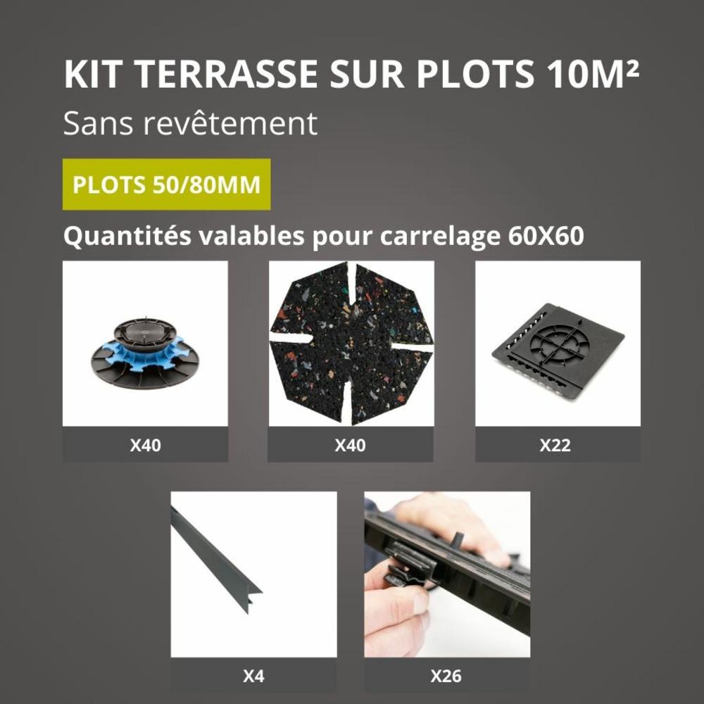 Kit terrasse sur plots sans revêtement 10m² - finition gris anthracite - 50/80 mm - jouplast