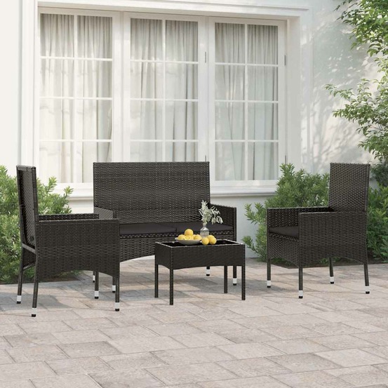 Salon de jardin 4 pcs avec coussins noir résine tressée