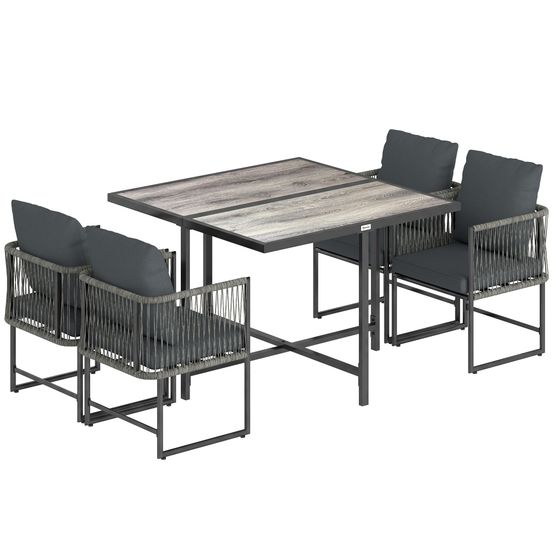 Ensemble de mobilier de jardin 5 pièces en polyrotin, table et 4 chaises, plateau dpc, coussins gris, gain de place