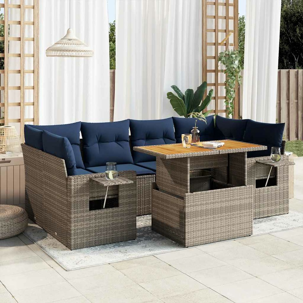 Salon de jardin avec coussins 7 pcs gris résine tressée